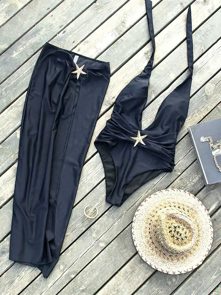Starfish One Piece Bathing Suits with High Split Skirt