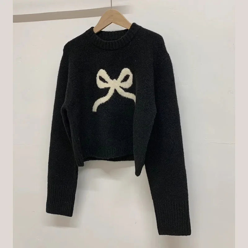 Cute Bow Knitted O neck Long Sleeve Sweater