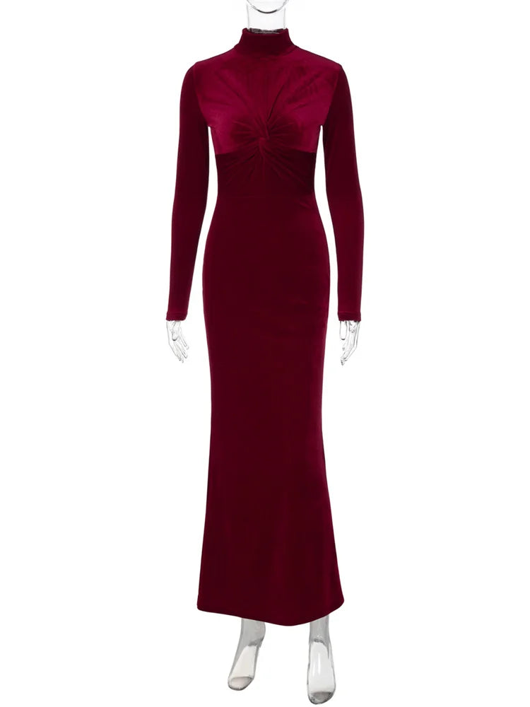 Pleated Twist Long Sleeve Solid Maxi Dress