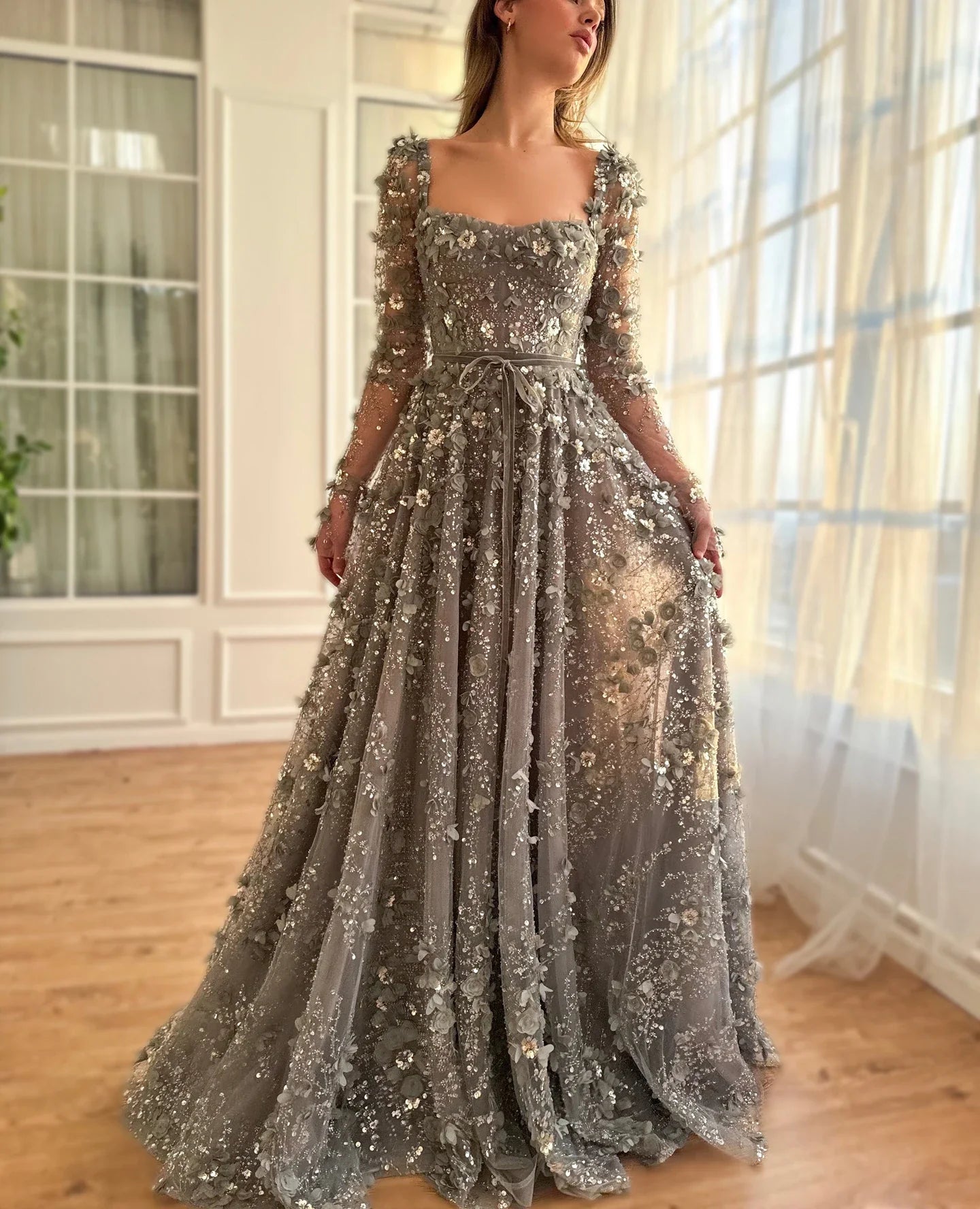 3D Floral A-Line Evening Gown Long Sleeves