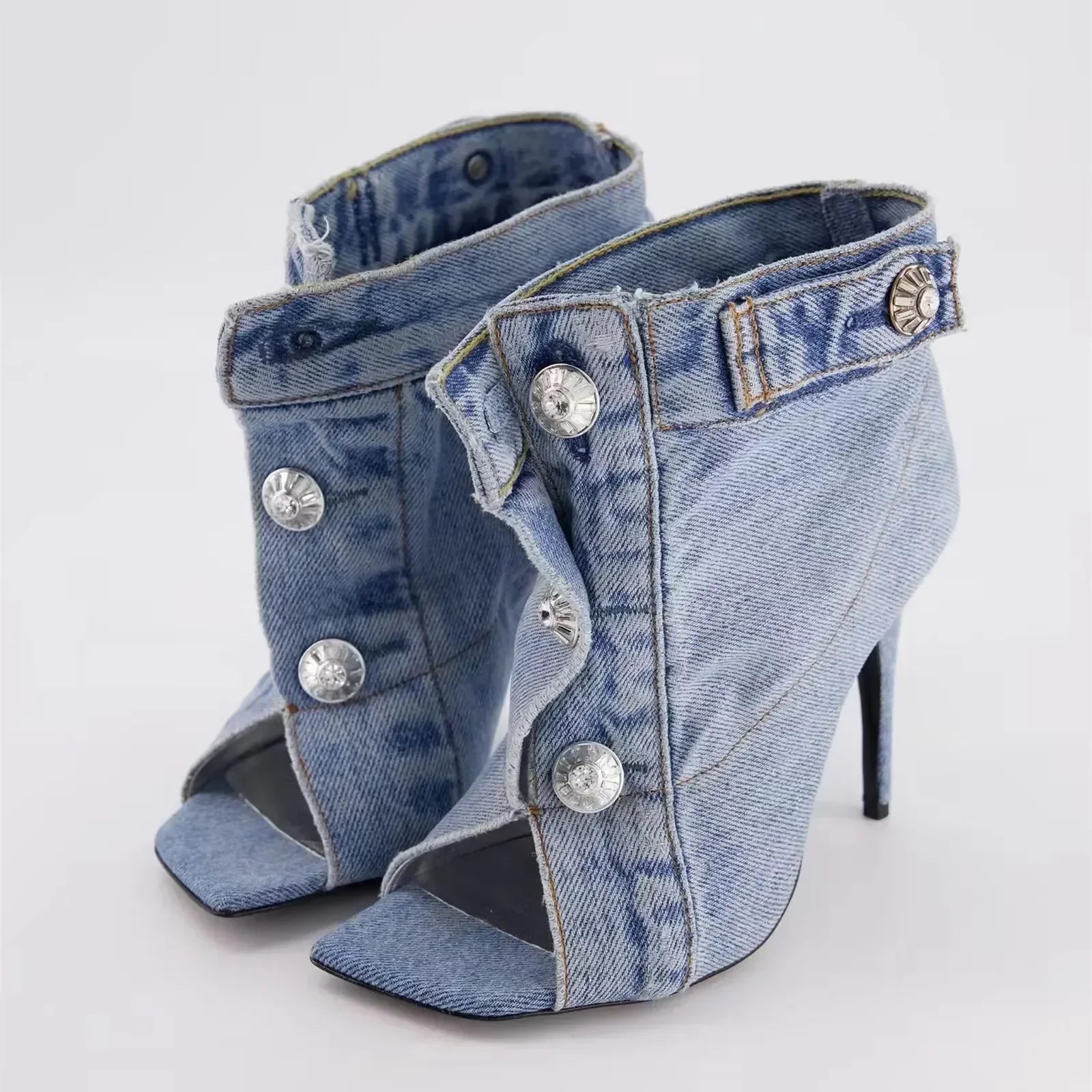 Denim Slim High Heel Button Sandals
