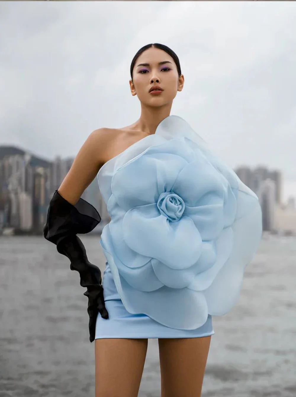Oblique Shoulder Decorative Flower Solid Mini Dress