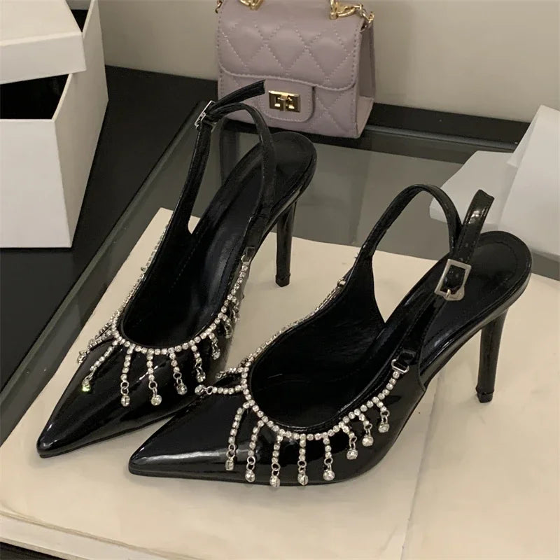 Crystal Tassel Buckle Strap Thin High Heels Shoes