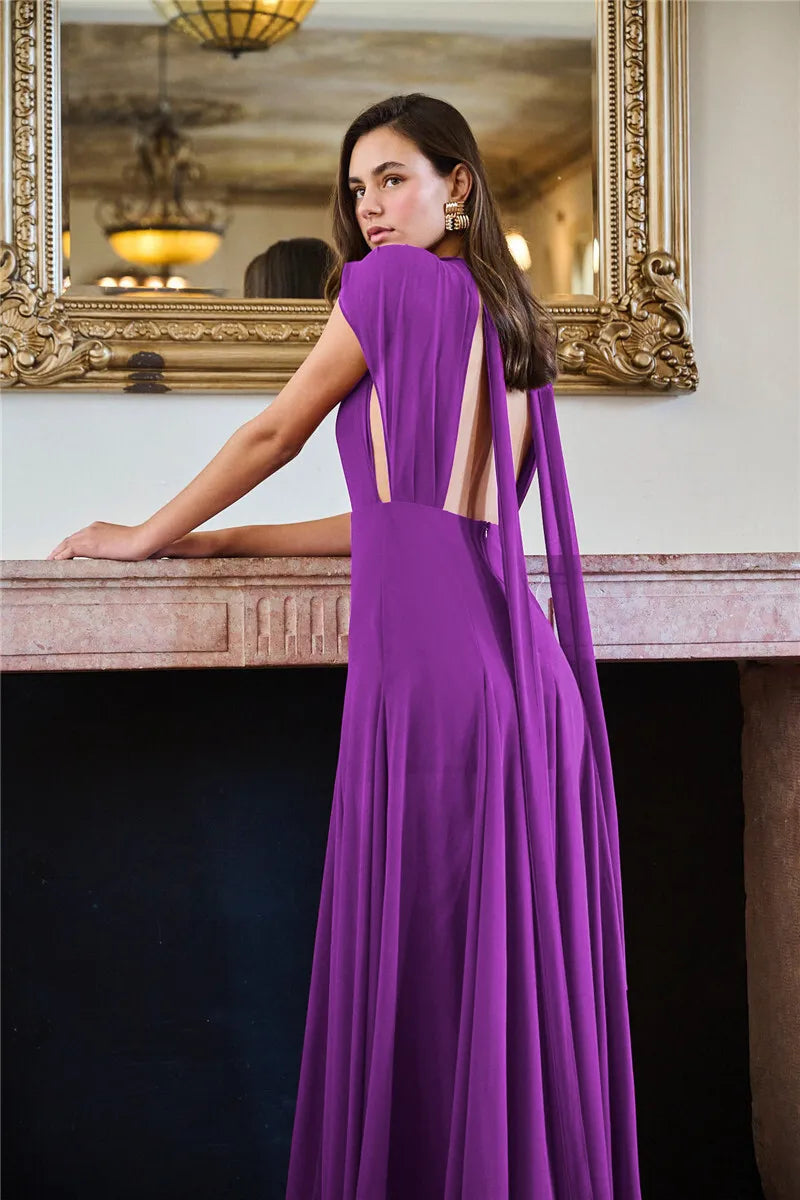 Deep V Purple Maxi Dress High Slit