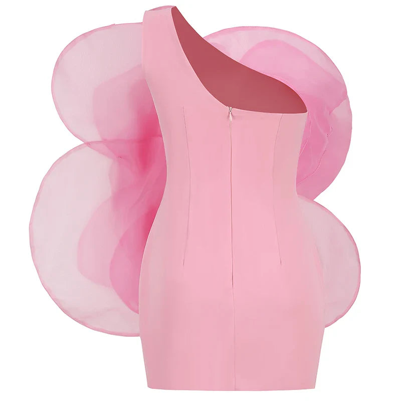 Oblique Shoulder Decorative Flower Solid Mini Dress
