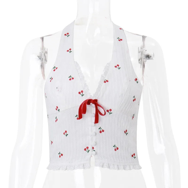 Floral Knit Halter White Crop Top