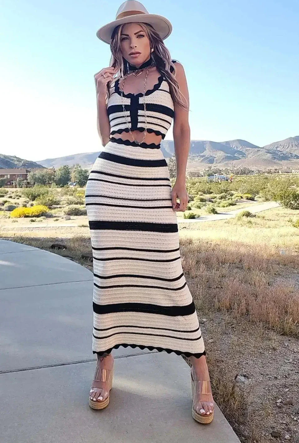 Striped Contrast Knitted Top and Long Skirt Set
