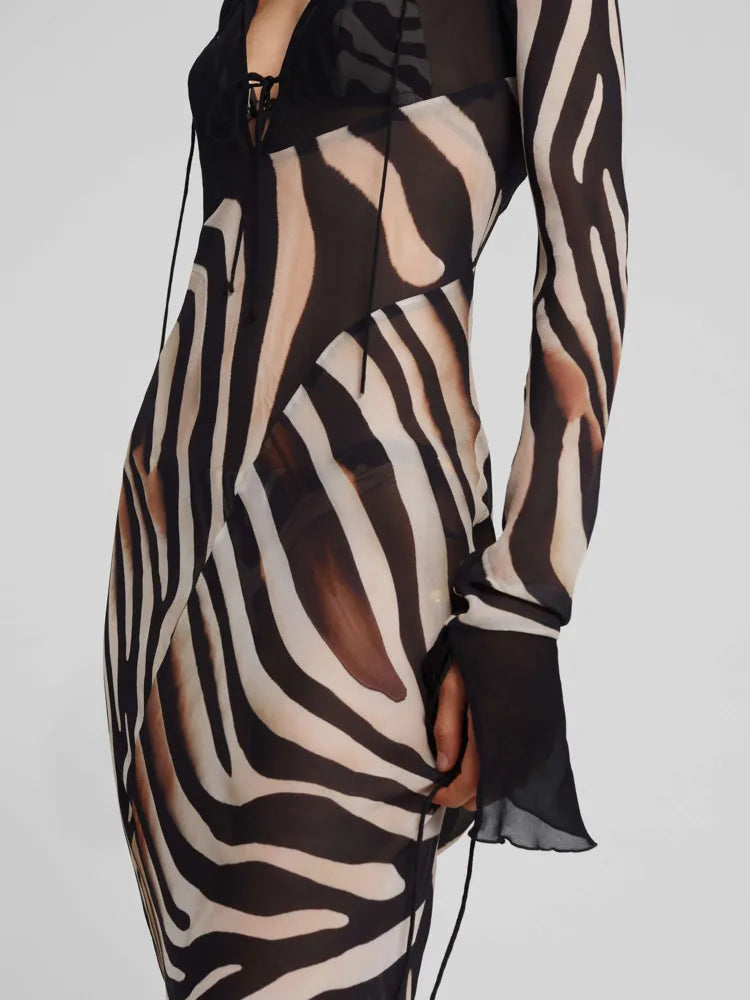 Print Zebra Striped Patchwork Long Sleeves Maxi Dress