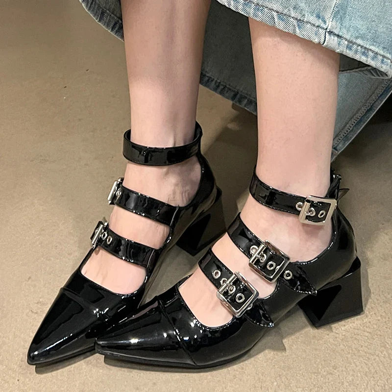 Ankle Buckle Pumps Pointed Toe Square Heels Shoes