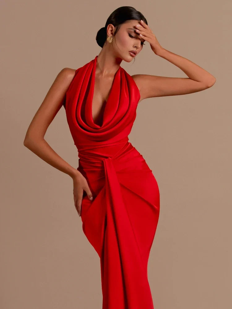 Swinging Collar Backless Pleated Red Stain Maxi Dress