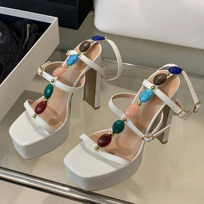 Open Toe Buckle Strap Square Heels Shoes