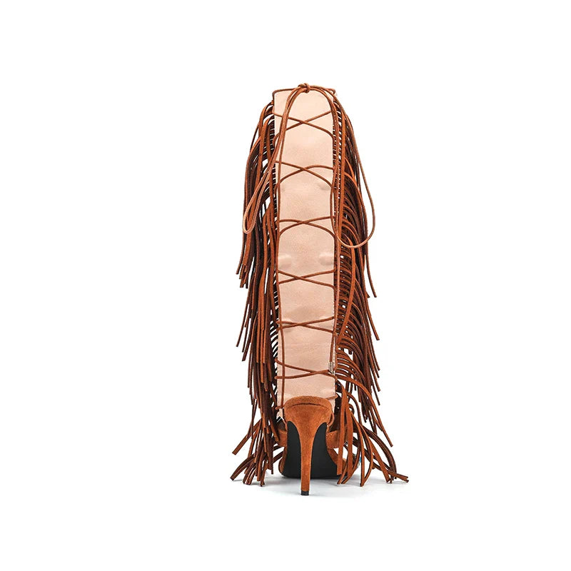 Tassels Lace up Cover Heel Knee high shoes