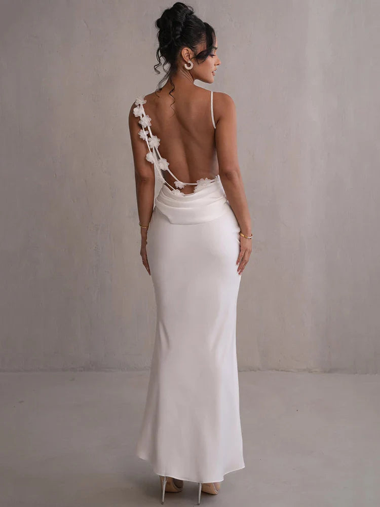 Floral Draped Open Back Spaghetti Strap Maxi Dress