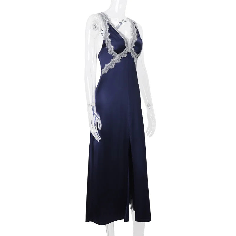 Blue Satin Maxi Dress with Lace Trim