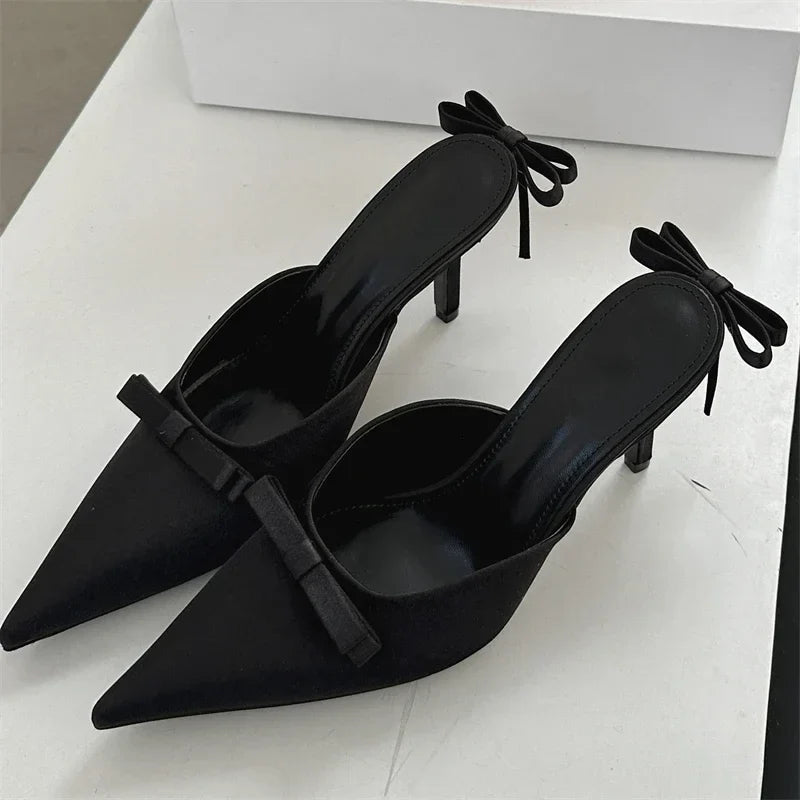 Silk Butterfly-Knot Thin High Heels Mules Shoes