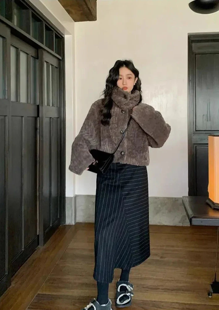 Cropped Faux Buttoned Fur Coat