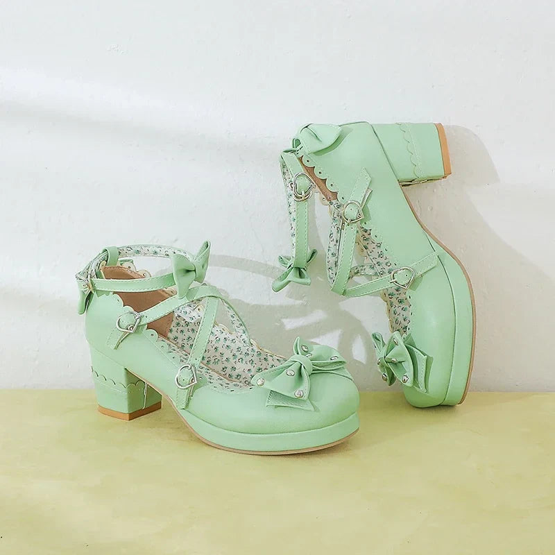Bows Cross Strap Block Heel Mary Jane Pumps