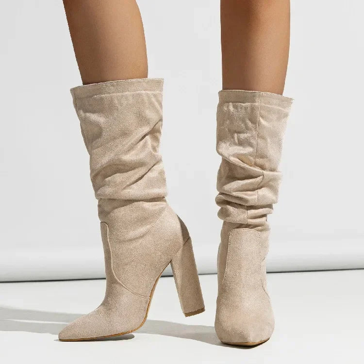 Pleated Square High Heels Ankle Boots
