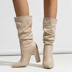 Pleated Square High Heels Ankle Boots