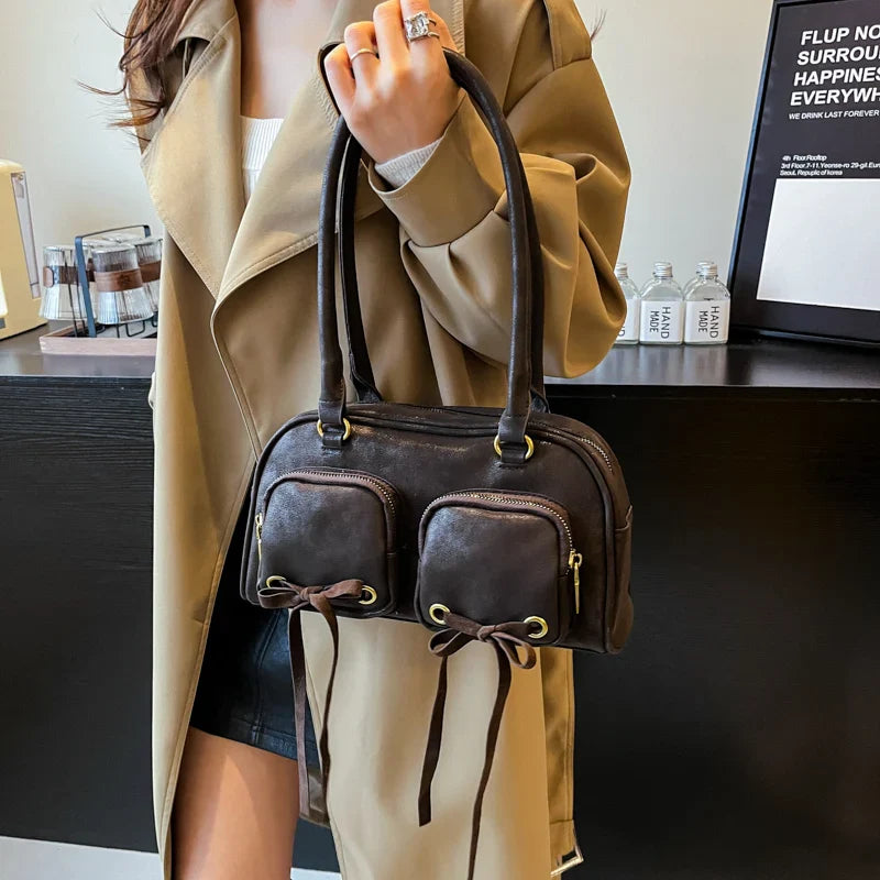 Bow Design Double Pockets Baguette Bag