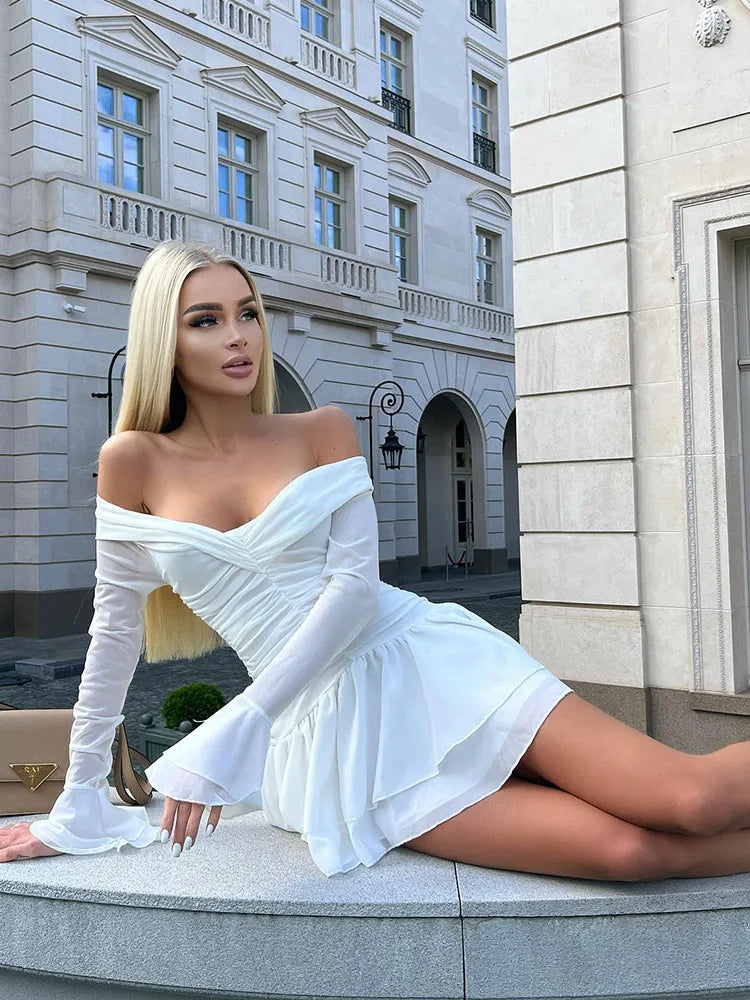 Solid Folds Long Flare Sleeves White Mini Dress