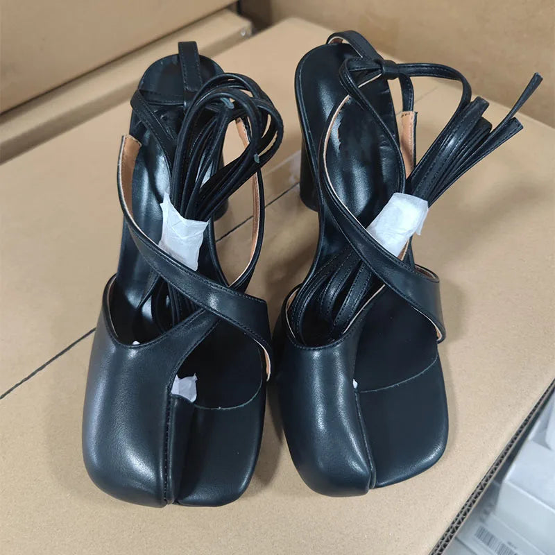 Split toe high heel lace up slides Sandals