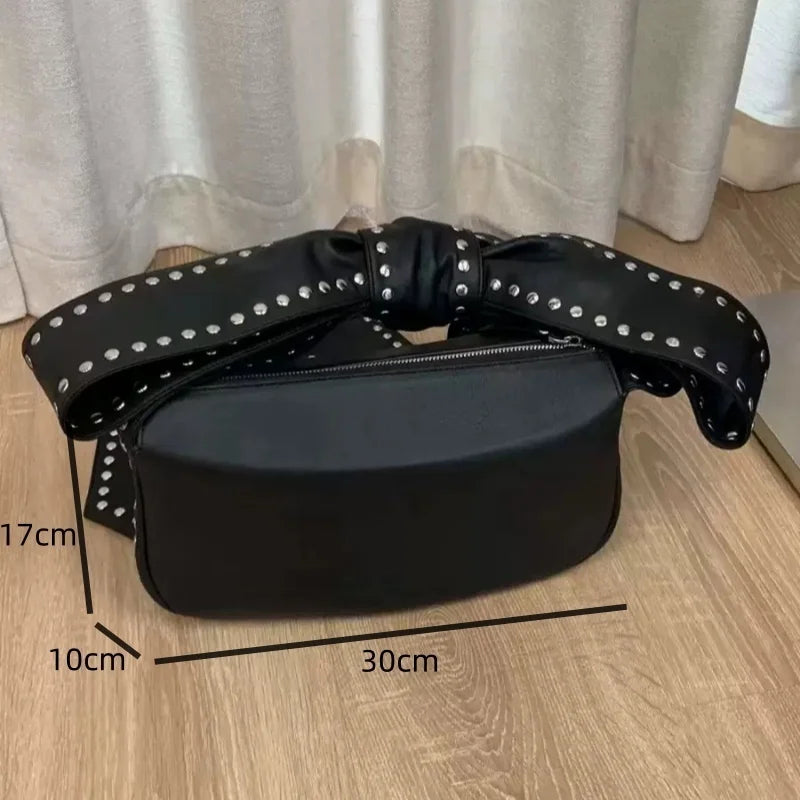 Rivet Black Bow Lace-up Zipper Bag