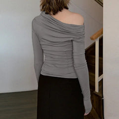 Basic Grey Stand Collar Long Sleeve Top