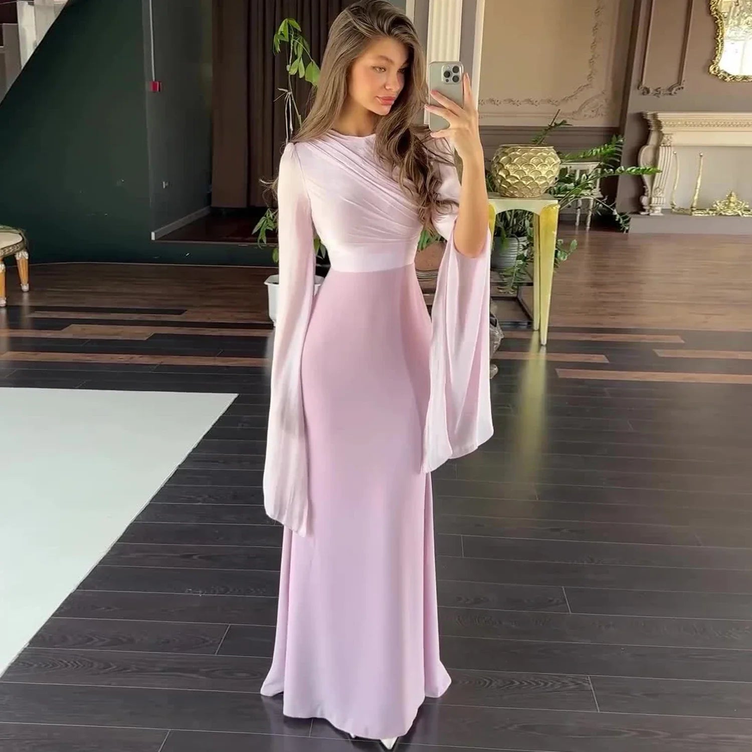 Patchwork Draped Long Sleeve Maxi Dress