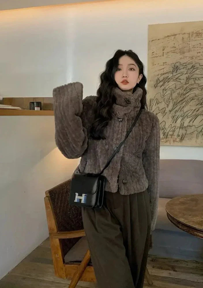Cropped Faux Buttoned Fur Coat