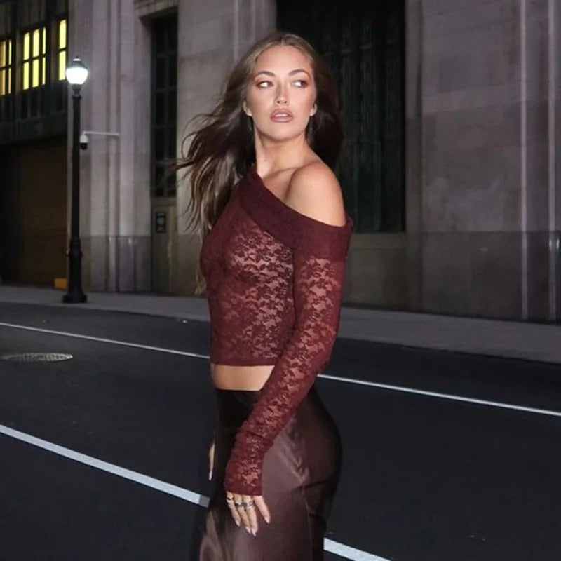 Lace Hollow Out Off-Shoulder Solid Tee