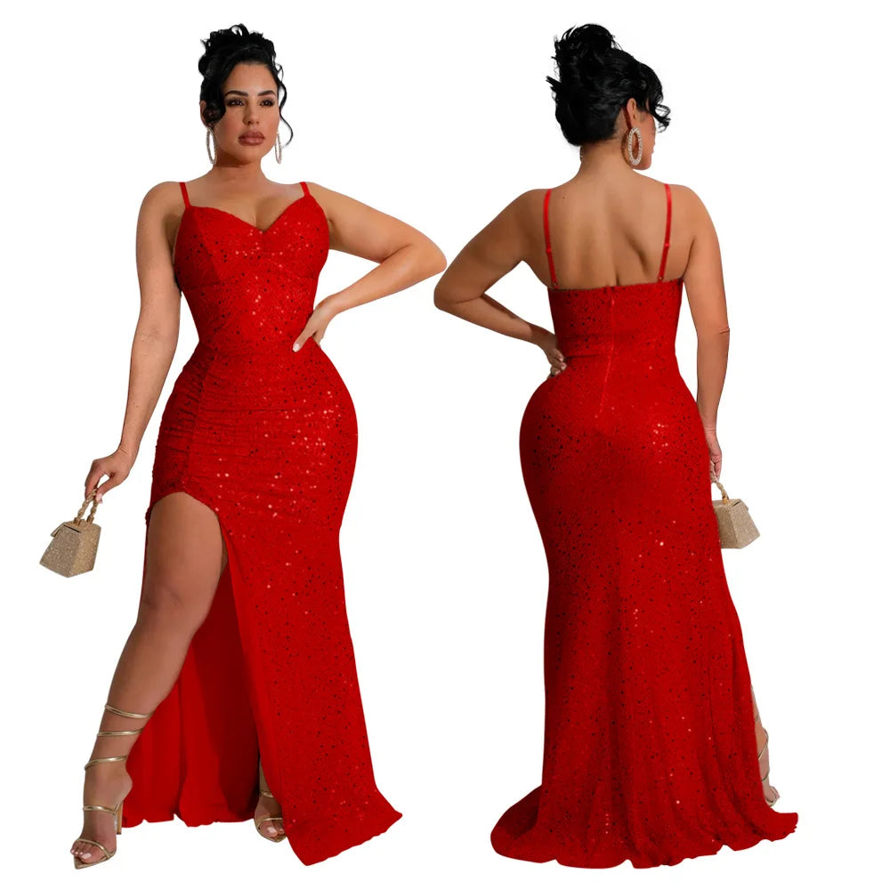 Sequined High Side Split Mermaid Maxi Dress