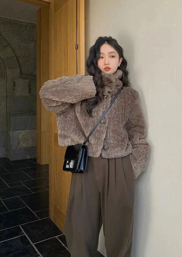 Cropped Faux Buttoned Fur Coat