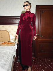 Pleated Twist Long Sleeve Solid Maxi Dress