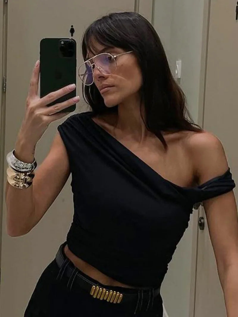 Diagonal Collar One Shoulder Asymmetrical Crop Tops