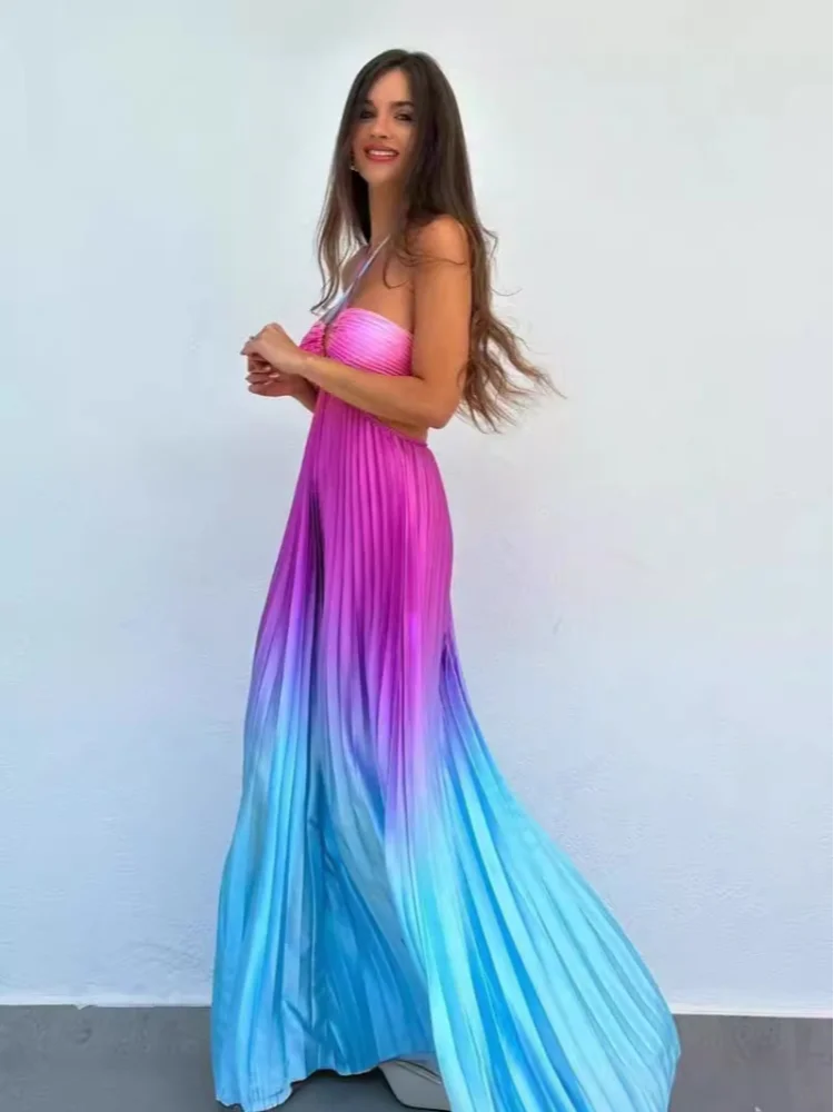 Satin Gradient Pleated Sleeveless Maxi Dress