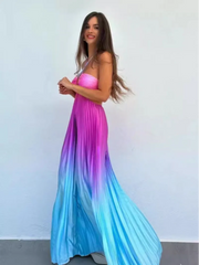Satin Gradient Pleated Sleeveless Maxi Dress