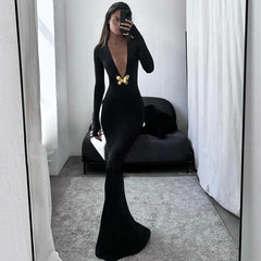 Black Fishtail Dress Dramatic Style with Butterfly