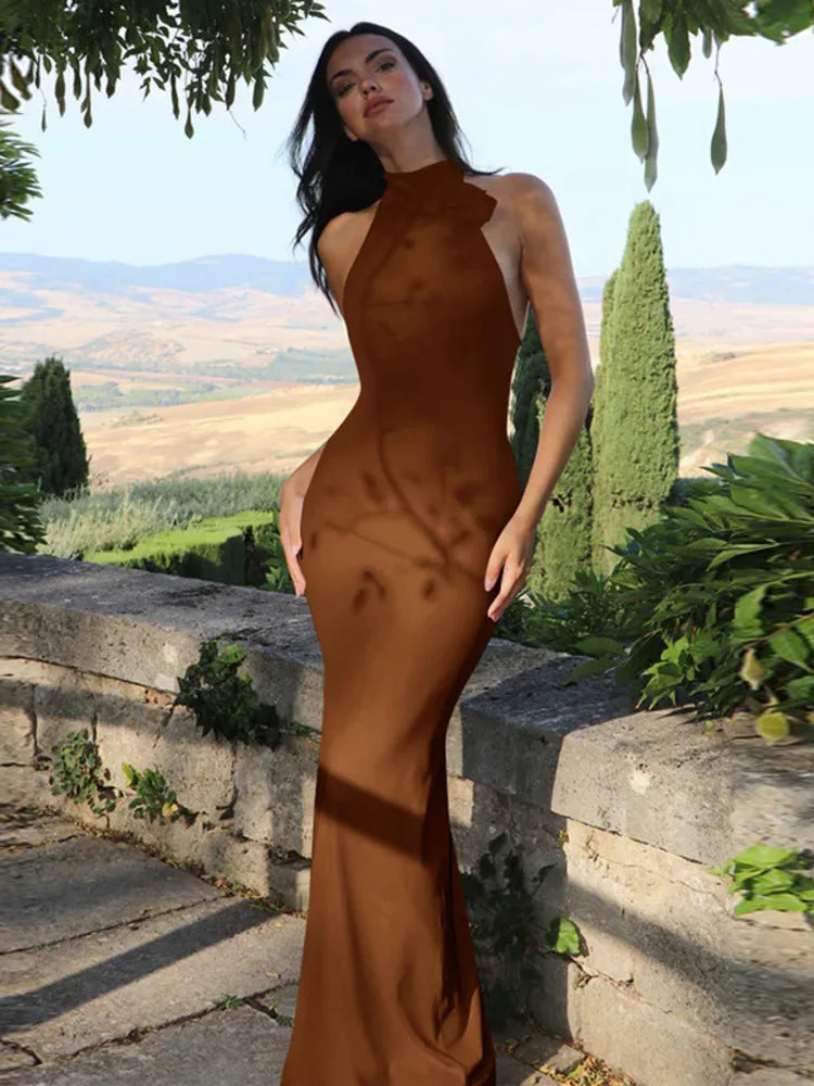 3D Flower Halter Backless Long Dress