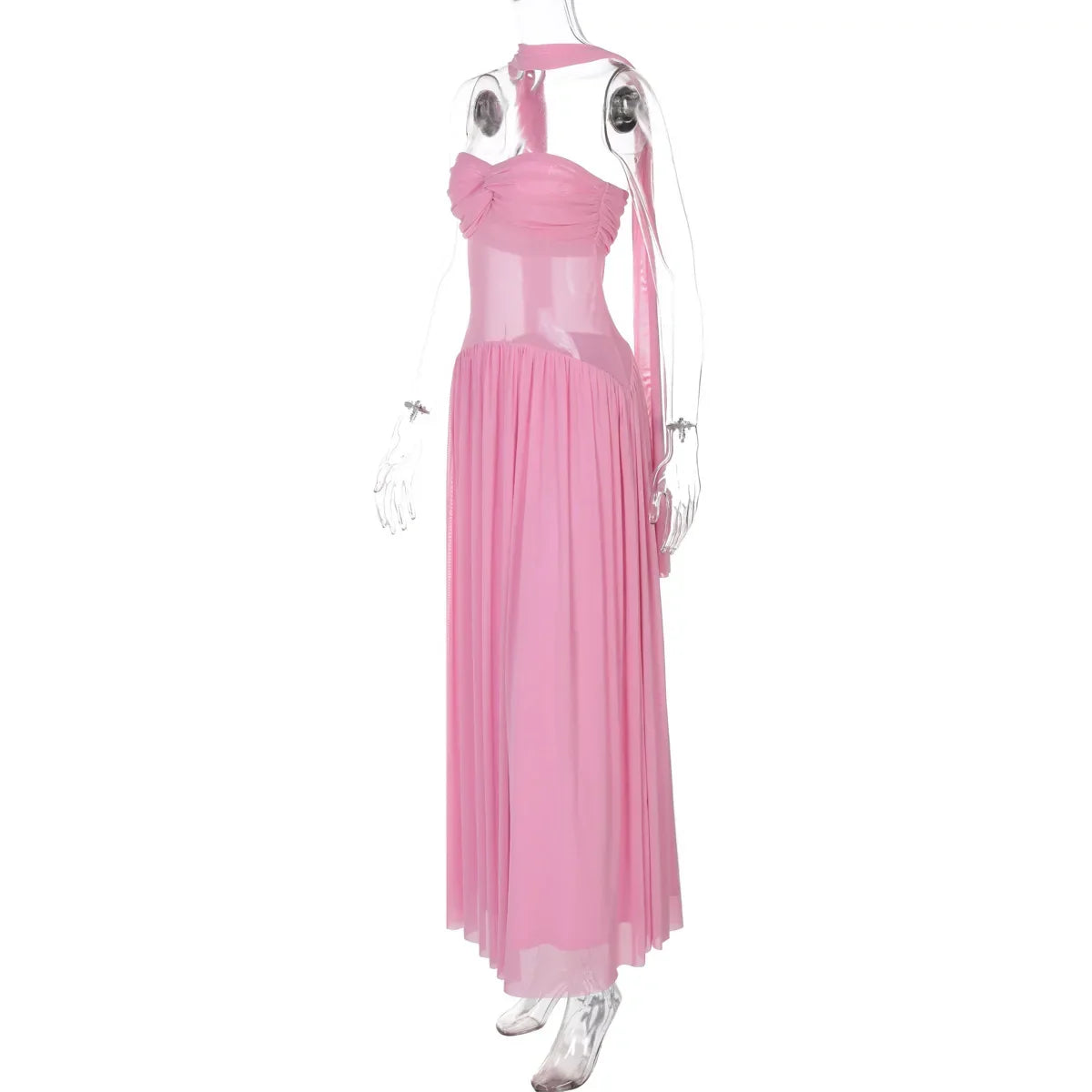 Sheer Strapless Patchwork Pleated Scarf Maxi Dress
