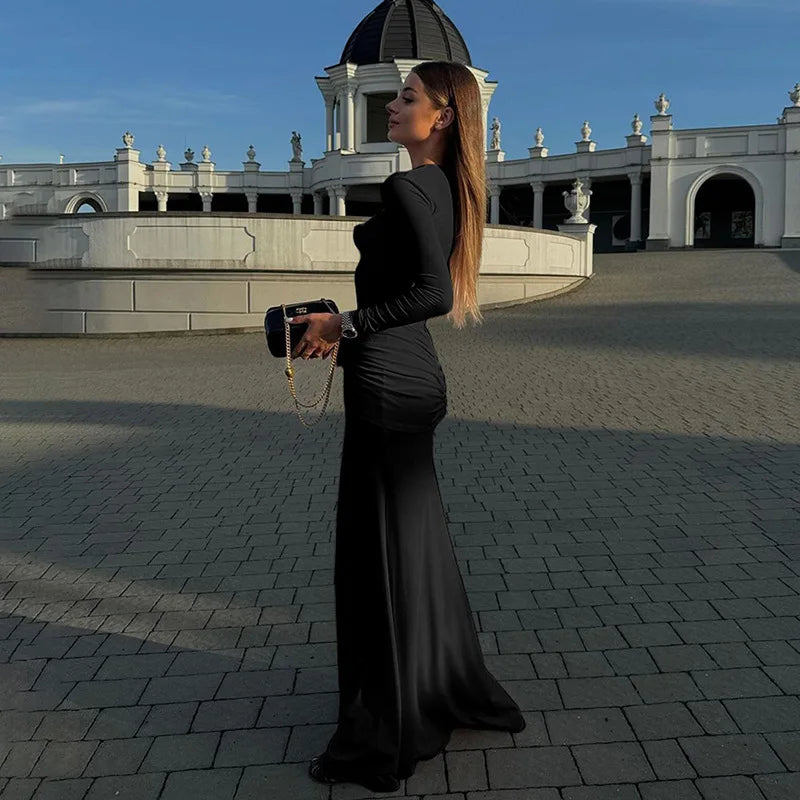 Ruched Flower Long Sleeve Solid Maxi Dress