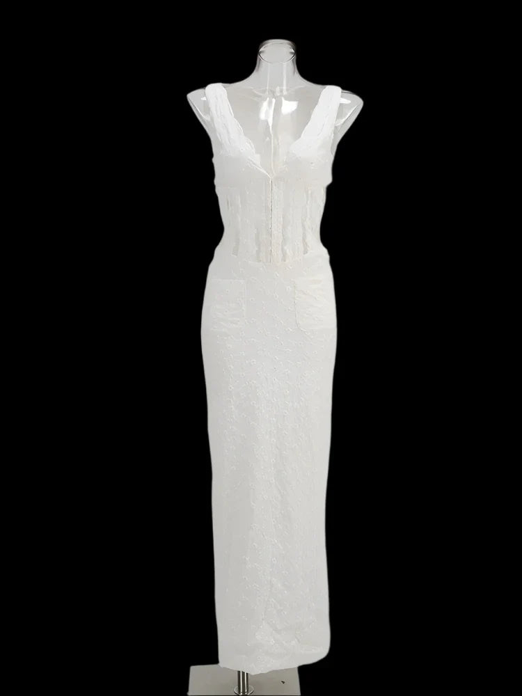 White Sleeveless V-neck Maxi Dress