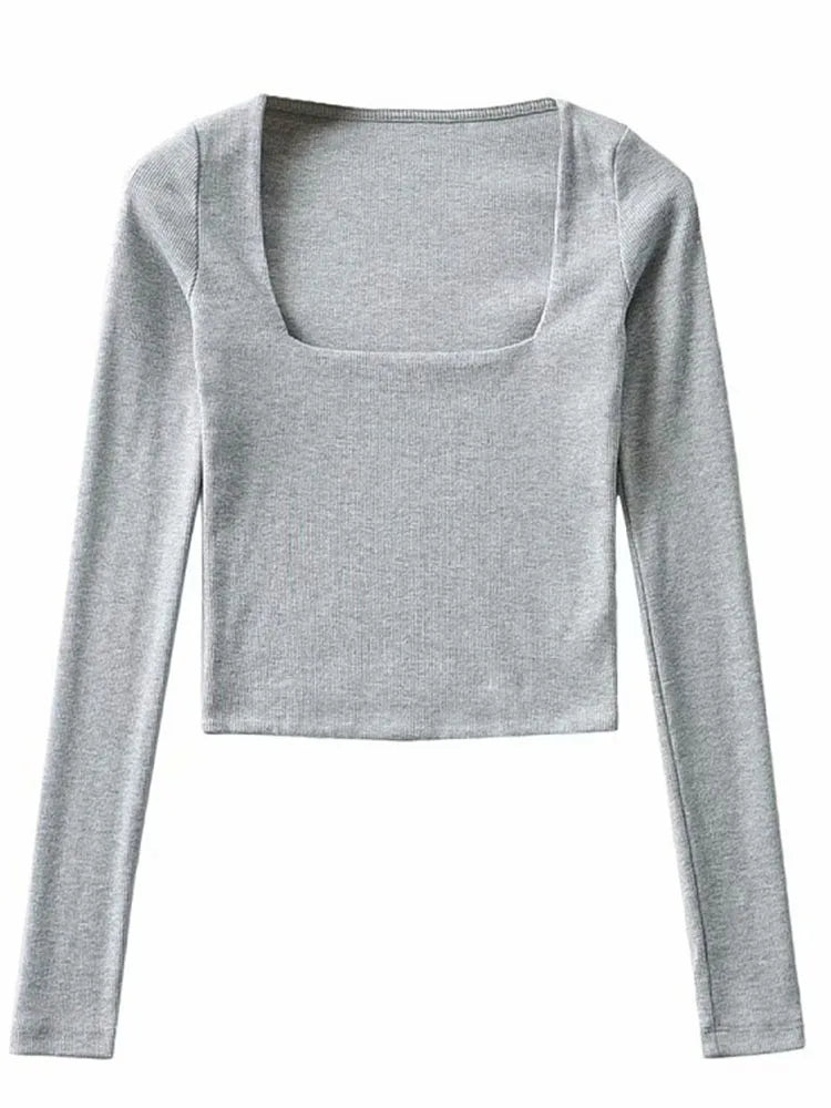 Women Long Sleeves Cotton Ribbed Square Neck Crop Top