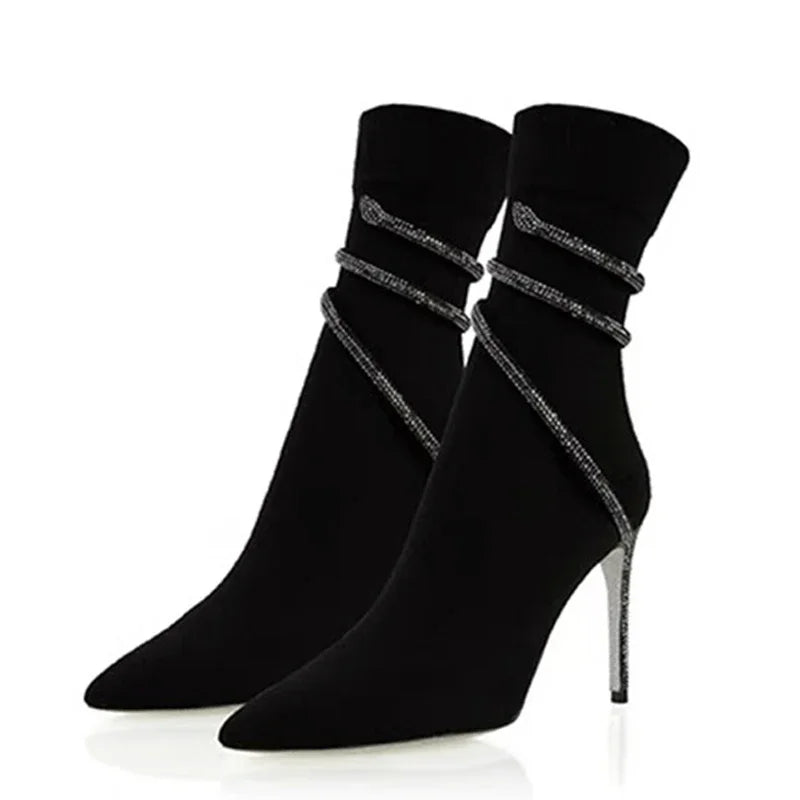 Crystal Rhinestone Wrap Strap Ankle Boots