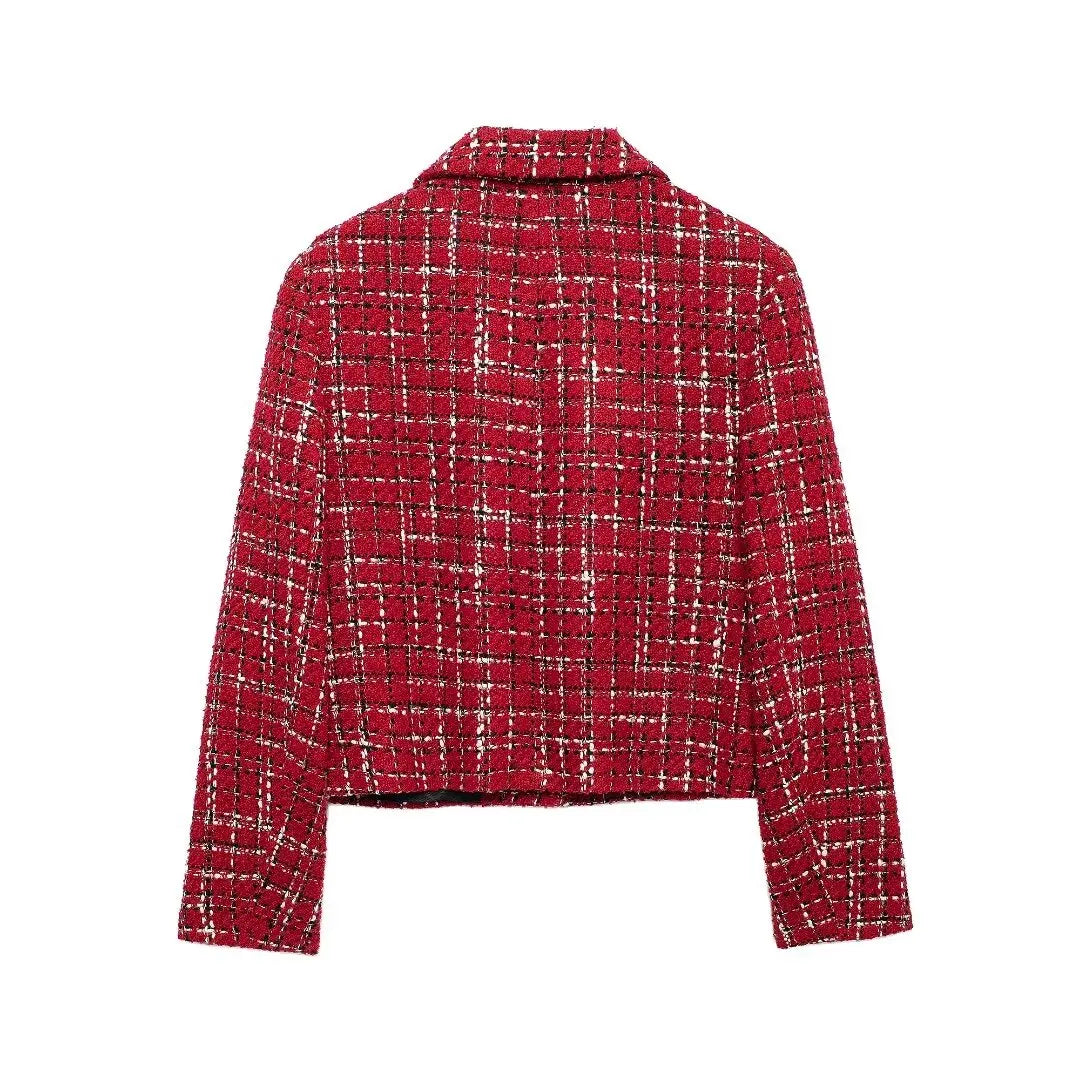 Plaid Lapel Coat and Side Zipper Short Suit