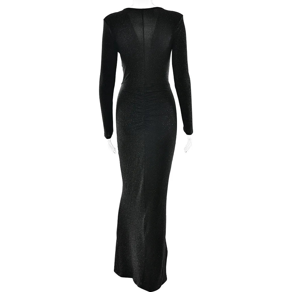 Elastic Deep V-Fold Lace Maxi Dress