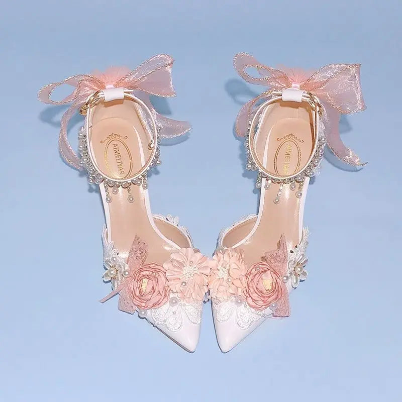 Pearl Rhinestone High Heels Sweet Flower Knot Shoes
