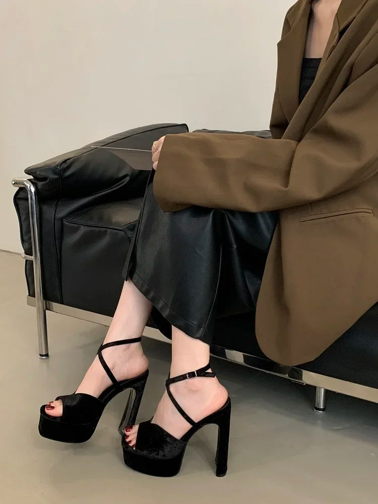 Platform Square Toe High Heels Buckle Strap Shoes