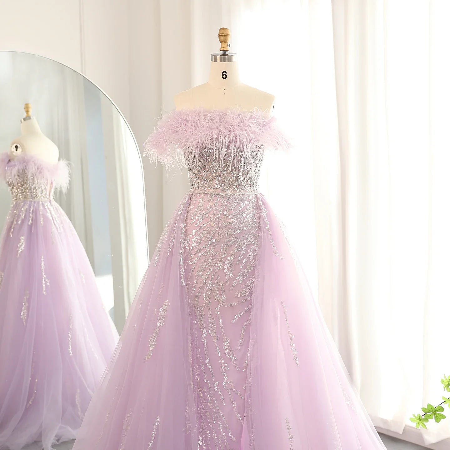 Feathers Off-shoulder Side Slit Overskirt Party Dress