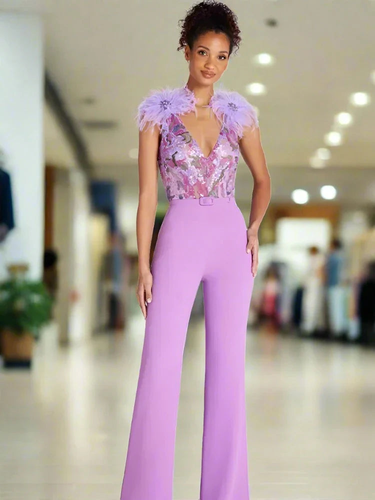 Women Sleeveless Sequins Feathers Lavender Jumpsuit